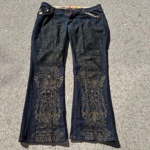 Apple Bottoms Womens Dark Wash Gold Graphic Print Flare Jeans Size 11/12 Y2K